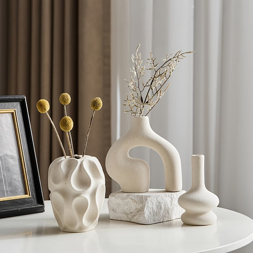 (3-Piece) Asrry Boho Ceramic Vase Set – Modern Minimalist Donut Decor