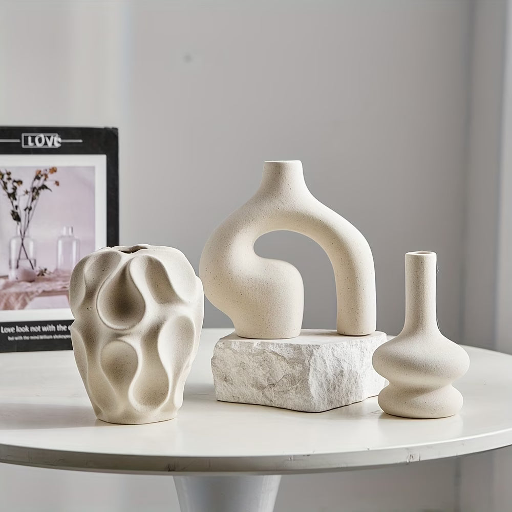 (3-Piece) Asrry Boho Ceramic Vase Set – Modern Minimalist Donut Decor